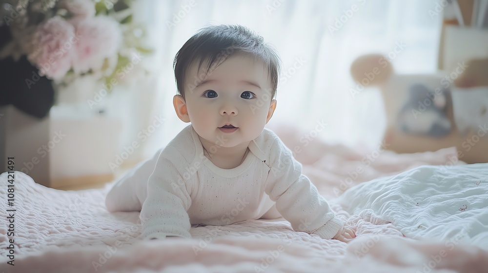 A cute baby girl with big brown eyes looks at the camera while crawling on a pink blanket. A cute baby girl with big brown eyes looks at the camera while crawling on a pink blanket.