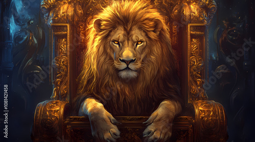 Majestic lion with regal golden mane seated on ornate throne rich jeweltoned backdrop dramatic chiaroscuro lighting emphasizing power and nobility. Regal. Illustration photo