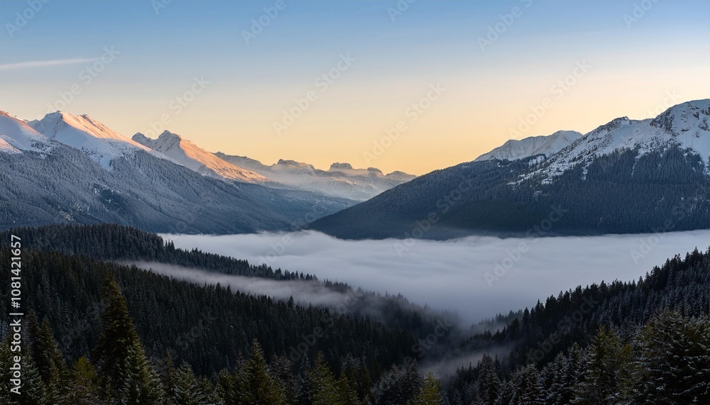 Rolling Fog Over a Quiet Mountain Valley, Surrounded by Snow-Capped Peaks and Dense Pine Forests, Creating a Mysterious Atmosphere as the First Light of Dawn Breaks Rolling Fog Over a Quiet Mountain Valley, Surrounded by Snow-Capped Peaks and Dense Pine Forests, Creating a Mysterious Atmosphere as the First Light of Dawn Breaks