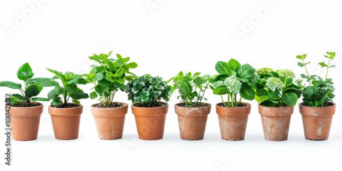 Row of potted greenery on white background: fresh and vibrant plants