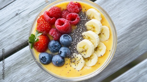 Freshly Prepared Nutritious Banana Smoothie with Chia Seeds and Fresh Fruits