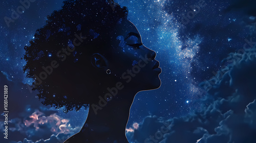 Midnight sapphire create an image of a black woman under a starry night sky, her features accented with sapphire stones that catch the moonlight, giving her a regal aura. Regal. Illustration