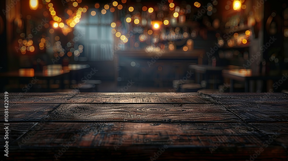Wooden Tabletop with Blurred Bar Background Wooden Tabletop with Blurred Bar Background