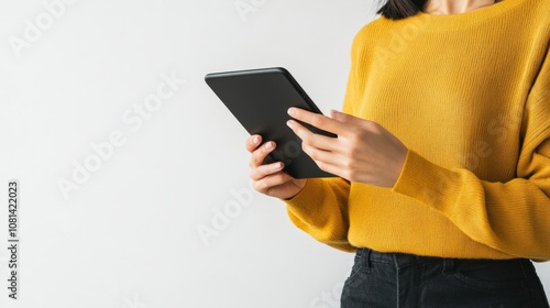 Woman holding a digital tablet isolated on white background.