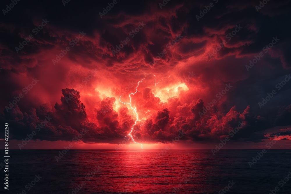 A dramatic lightning strike illuminates the dark, red-hued storm clouds over a stormy ocean. A dramatic lightning strike illuminates the dark, red-hued storm clouds over a stormy ocean.