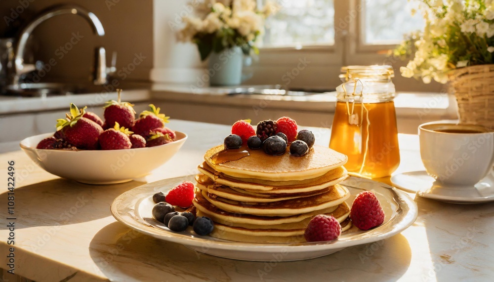 Minimalist Kitchen Counter Display With Freshly Prepared Gluten-Free Pancakes, Organic Maple Syrup, and Fresh Berries for a Healthy and Delicious Vegan Breakfast Minimalist Kitchen Counter Display With Freshly Prepared Gluten-Free Pancakes, Organic Maple Syrup, and Fresh Berries for a Healthy and Delicious Vegan Breakfast