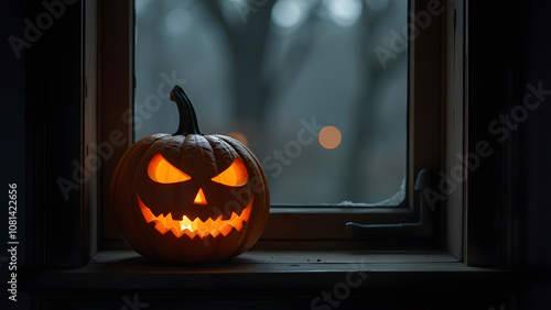 halloween pumpkin with scary face on the window, generative ai photo