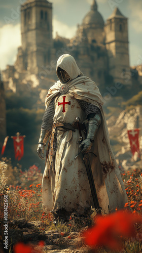 Wallpaper Mural A solemn Templar Knight in white armor adorned with a red cross Torontodigital.ca