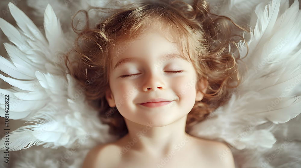 Serene Child with Wings: A Peaceful, Dreamlike Image of Innocence and Purity Serene Child with Wings: A Peaceful, Dreamlike Image of Innocence and Purity
