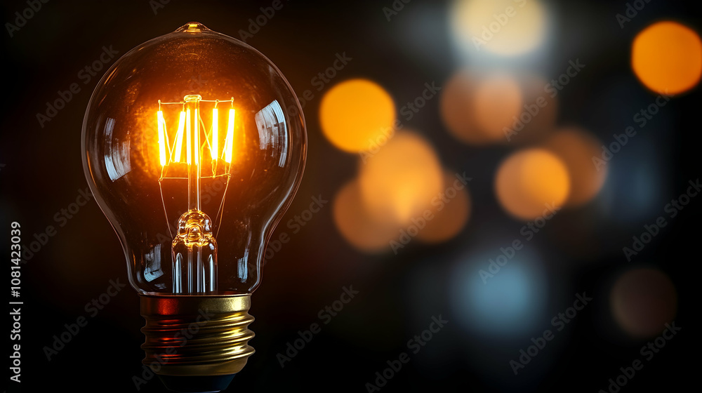 Illuminated Glass Edison Bulb Glowing Brightly Against a Bokeh Background of Warm Colors, Representing Ideas and Innovation. Illuminated Glass Edison Bulb Glowing Brightly Against a Bokeh Background of Warm Colors, Representing Ideas and Innovation.