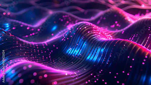 Abstract 3D Background with Wavy Lines and Pink Glowing Circles