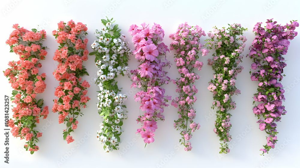 3D Render of Blooming Flower Vines Cascading Down a White Wall, Displaying Various Shades of Pink and White 3D Render of Blooming Flower Vines Cascading Down a White Wall, Displaying Various Shades of Pink and White