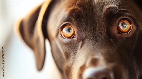 Close up of a dog's face with big brown eyes looking at the camera photo