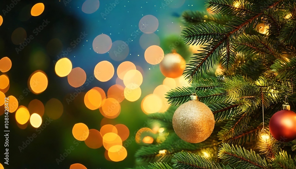 Christmas tree background with baubles and lights blurred bokeh effect Christmas tree background with baubles and lights blurred bokeh effect