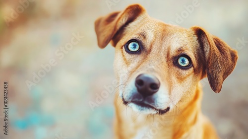 A closeup of a dog with bright blue eyes looking at the camera.