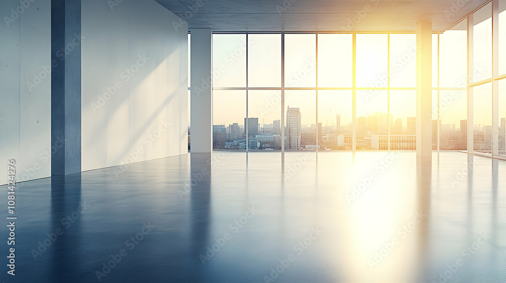 Sunlit Modern Room with City View: 3D Architectural Visualization of an Empty Office Space with Polished Concrete Floor, Large Windows Displaying Urban Panorama at Sunset Sunlit Modern Room with City View: 3D Architectural Visualization of an Empty Office Space with Polished Concrete Floor, Large Windows Displaying Urban Panorama at Sunset