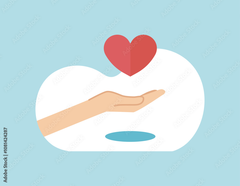 手のひらにハートを乗せたフラットなベクターイラスト画像