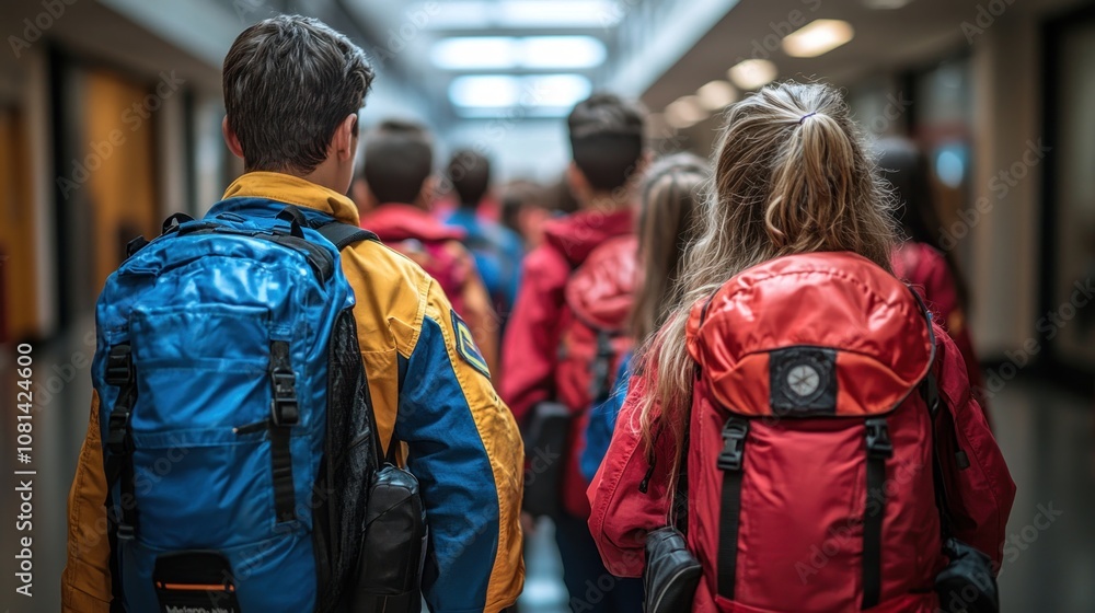 Children walking in a hallway with backpacks, likely on a trip. Children walking in a hallway with backpacks, likely on a trip.
