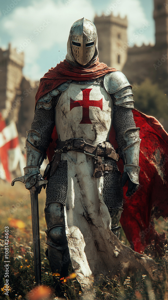 A solemn Templar Knight in white armor adorned with a red cross A solemn Templar Knight in white armor adorned with a red cross
