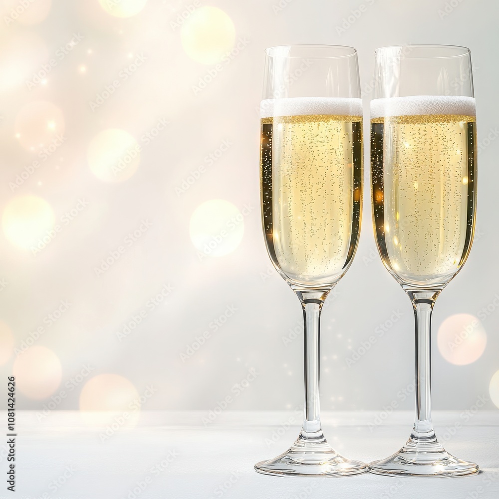 Two elegant champagne flutes filled with bubbly champagne, perfect for celebration and special occasions. Two elegant champagne flutes filled with bubbly champagne, perfect for celebration and special occasions.