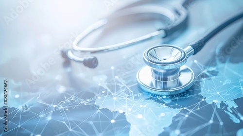 A stethoscope resting on a digital map representing global healthcare connections and advancements in medical technology