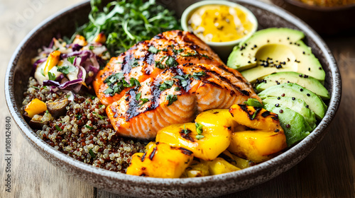 Grilled Salmon Quinoa Bowl with Avocado, Peppers, and Greens: A Delicious and Healthy Meal photo