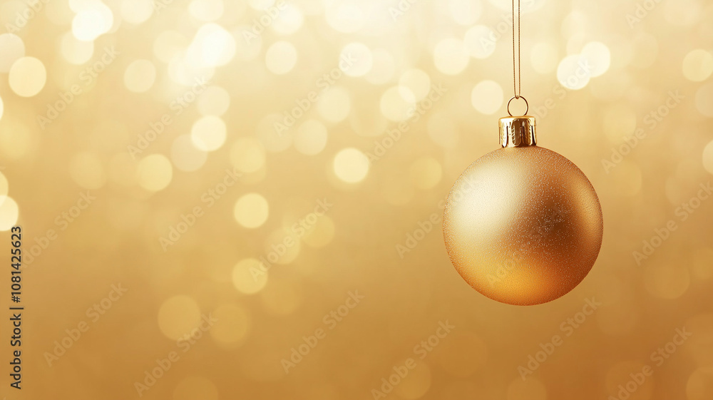 Fototapeta premium Elegant golden sphere hanging on one side on shiny golden christmas background with copy space