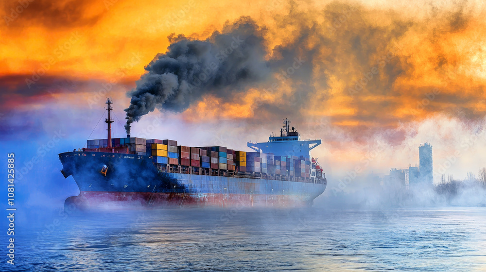 Cargo ship emitting smoke, navigating through foggy waters at sunset, showcasing industrial activity and environmental impact Cargo ship emitting smoke, navigating through foggy waters at sunset, showcasing industrial activity and environmental impact