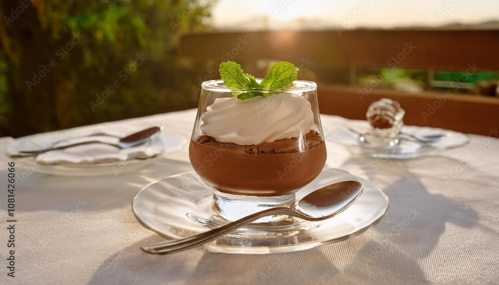 Rich and Creamy French Dessert of Chocolate Mousse Garnished With Whipped Cream and Mint Leaves, Served in Elegant Glassware on a White Tablecloth Rich and Creamy French Dessert of Chocolate Mousse Garnished With Whipped Cream and Mint Leaves, Served in Elegant Glassware on a White Tablecloth