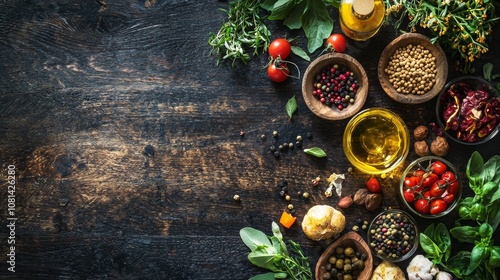 Rustic wooden table with fresh ingredients and spices