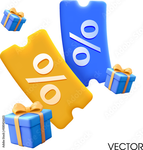 3d flying coupons with gift boxes in minimal style, isolated on white background. Gift coupon with percentage price off vector icon. Vector illustration