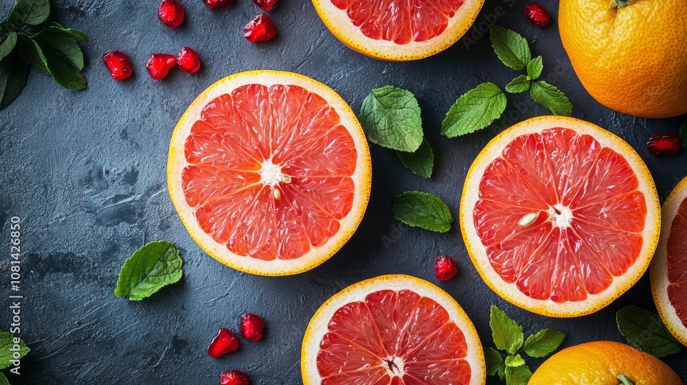 Fresh grapefruit slices and mint leaves on dark background Fresh grapefruit slices and mint leaves on dark background