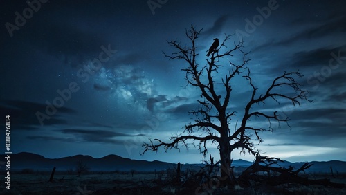 a bird perched on a dry tree at night