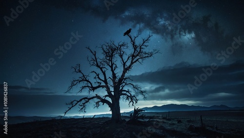 a bird perched on a dry tree at night