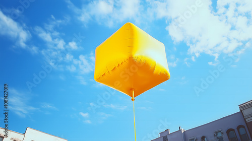 Yellow cube-shaped balloon floating in blue sky with clouds