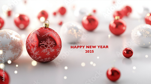 White background with spheres or christmas balls with Happy New Year 2025, new year, christmas