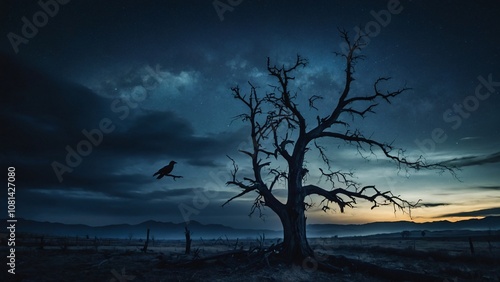 a bird perched on a dry tree at night