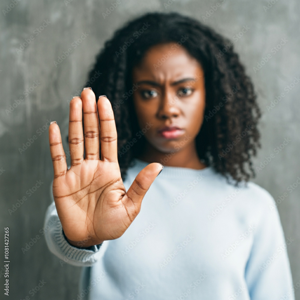 Serious strong young African American woman shows stop gesture saying no to violence, sexual harassment, femicide, racism, discrimination and hate crime based on gender or skin color. Hand soft focus Serious strong young African American woman shows stop gesture saying no to violence, sexual harassment, femicide, racism, discrimination and hate crime based on gender or skin color. Hand soft focus