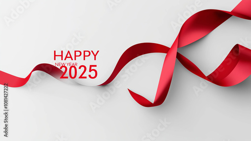 Background with red ribbons and happy new year 2025 on a white space