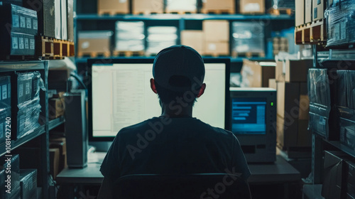 Warehouse worker monitoring stock levels on computer in storage area, surrounded by boxes and shelves, focused on inventory management