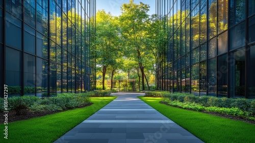 A walkway lined with green grass and bushes leads to a vibrant green tree between two modern glass buildings.