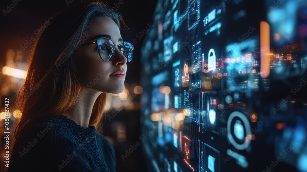 A young woman wearing glasses looks intently at a large digital screen filled with glowing icons and data. A young woman wearing glasses looks intently at a large digital screen filled with glowing icons and data.