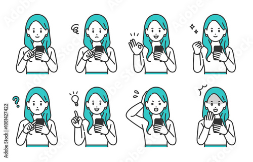 スマホを見ながらいろいろな表情･ポーズをする若い女性のセット【人物ベクターイラスト素材】