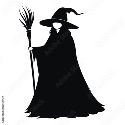 Witch Holding Broom and Staff in Silhouette