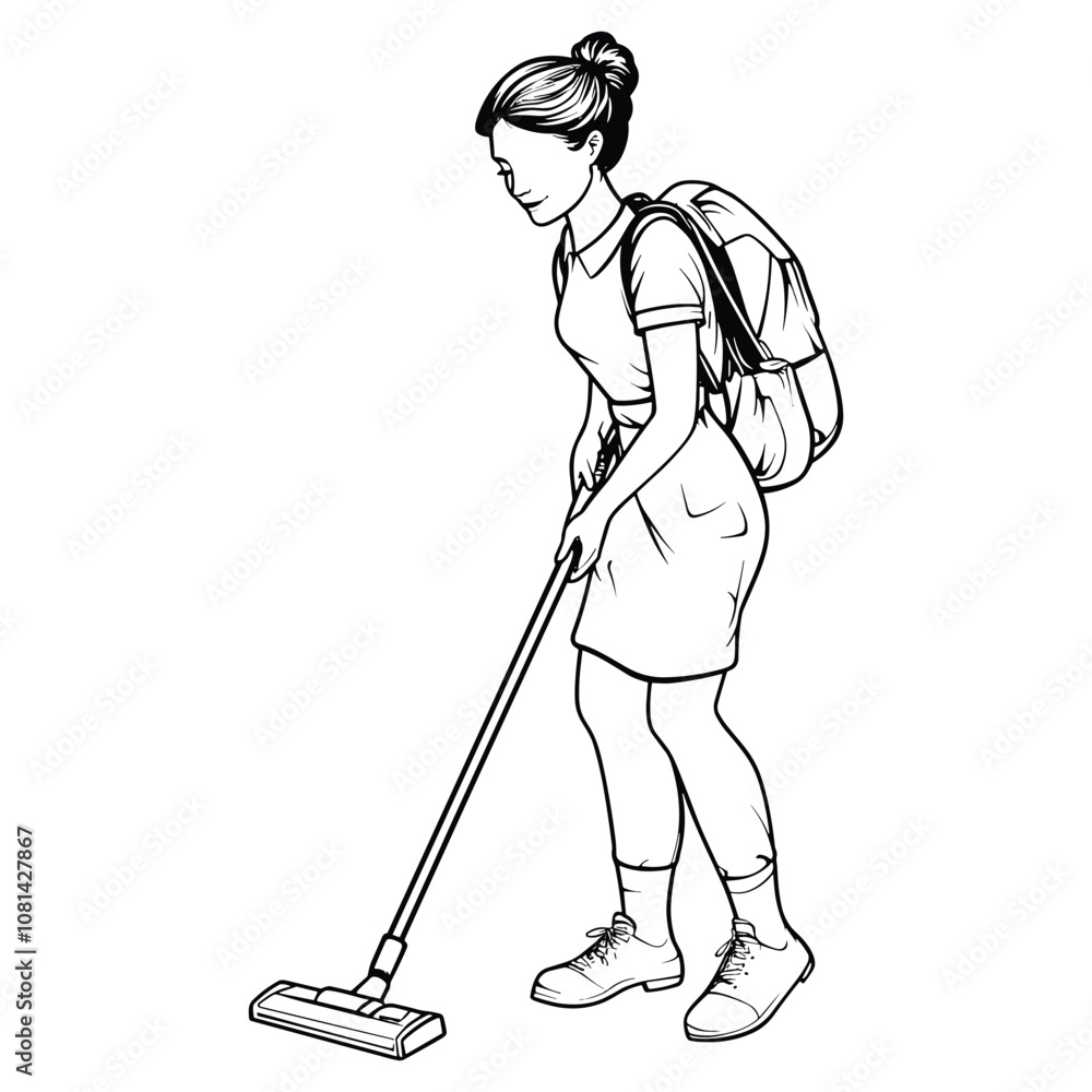Woman Vacuuming in Casual Outfit Line Drawing Woman Vacuuming in Casual Outfit Line Drawing