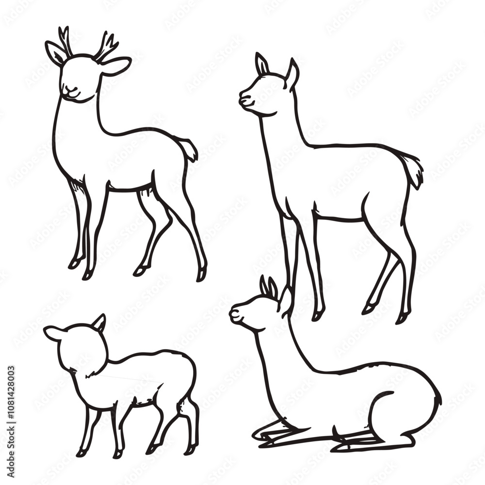 Obraz premium Outline of Deer Family in Various Poses