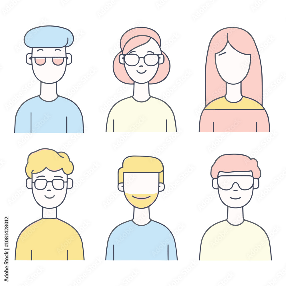 Diverse Portraits of Men and Women in Flat Color Style Diverse Portraits of Men and Women in Flat Color Style