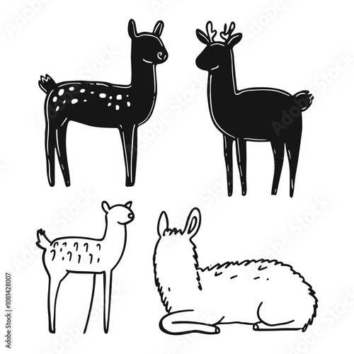 Black and White Silhouette of Deer in Different Poses