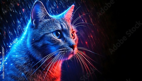 A powerful, glowing dog with blue and red sparks and rain decorations. copy space for text photo