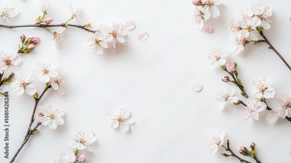 Cherry blossom branches in full bloom with delicate pink petals against a white background for a clean look Cherry blossom branches in full bloom with delicate pink petals against a white background for a clean look